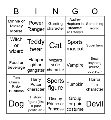 Costume Bingo Card