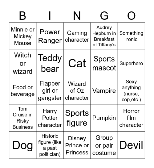 Costume Bingo Card