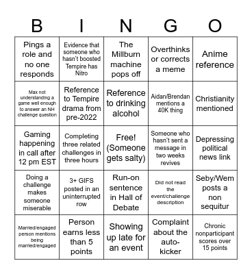 Noble Houses Bingo Card