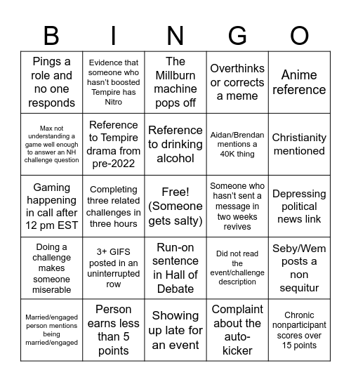 Noble Houses Bingo Card