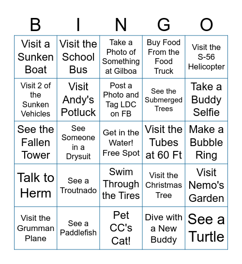 LDC Gilboa diving Bingo Card