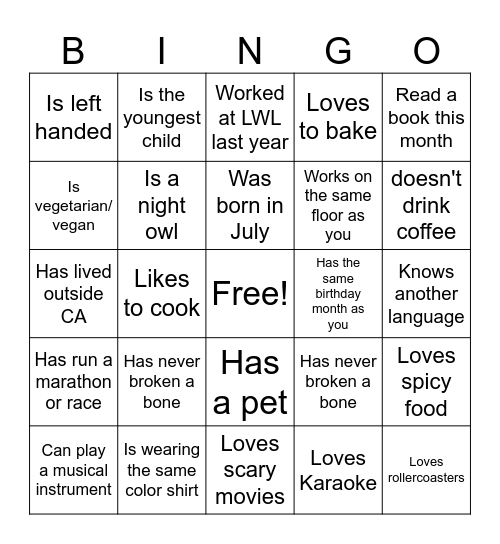 LWL Bingo Board Bingo Card