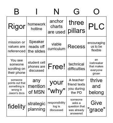 Back to School PD Bingo Card