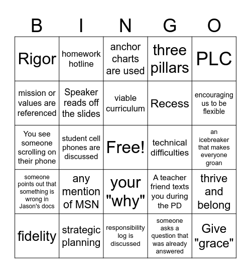 Back to School PD Bingo Card
