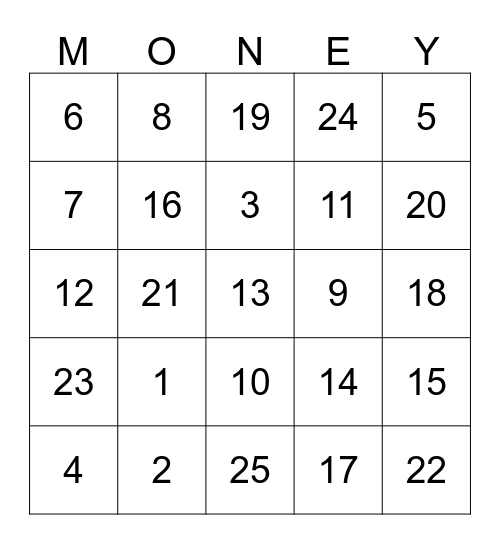 Money Bingo Card