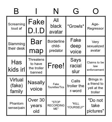 Vr Chat Trolling Bingo Card