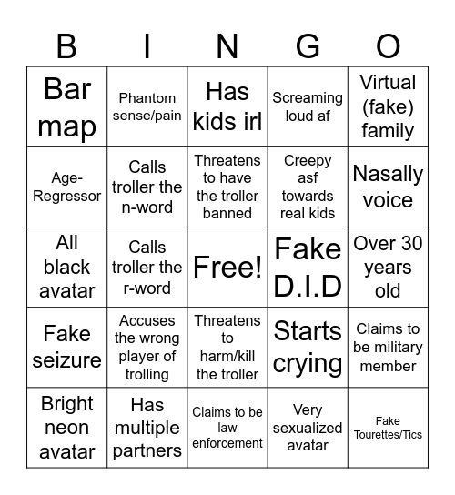 Vr Chat Trolling Bingo Card