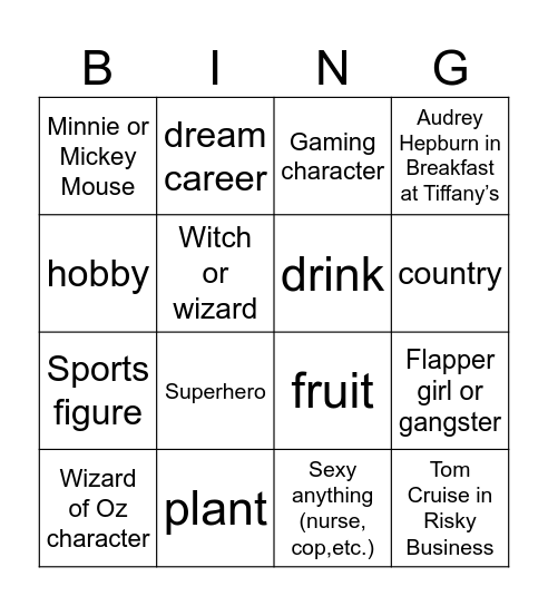 Costume Bingo Card