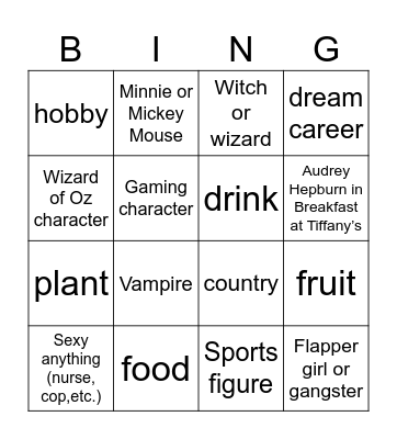Costume Bingo Card