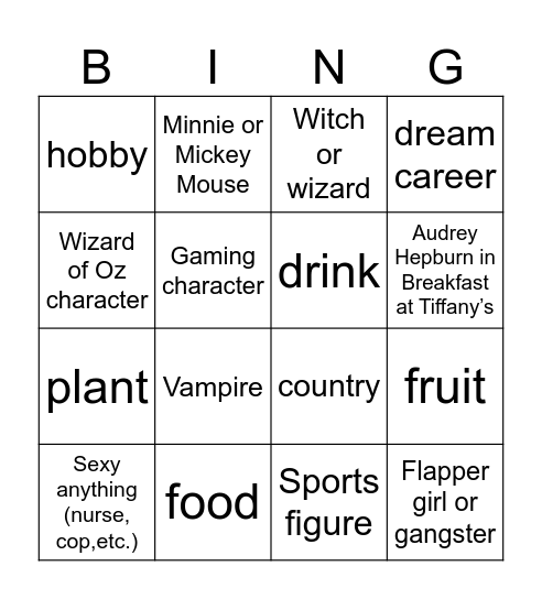 Costume Bingo Card