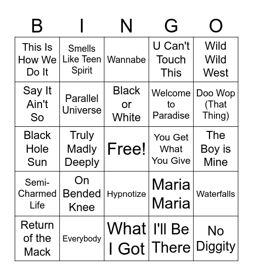 90s Music BINGO Card
