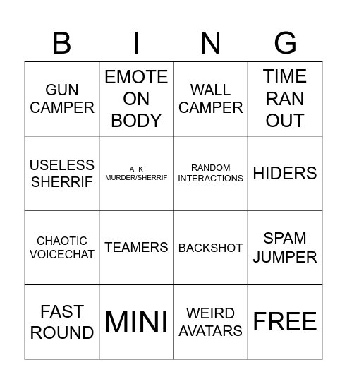 murder mystery bingo Card