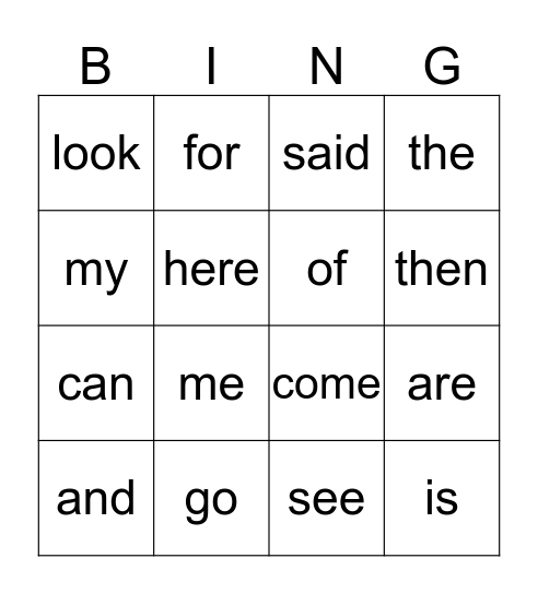 Word Bingo Card