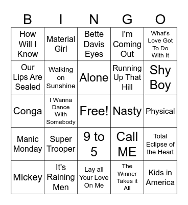 Ladies of the 80's Bingo Card