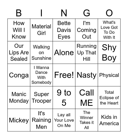 Ladies of the 80's Bingo Card