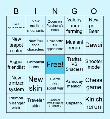 Genshin Livestream 7.0 Bingo Card