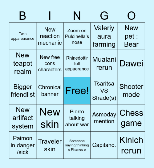 Genshin Livestream 7.0 Bingo Card