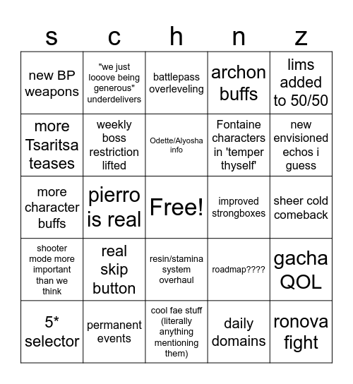 7.0 stream Bingo Card