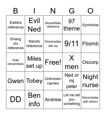 Spider-Man BND Bingo Card