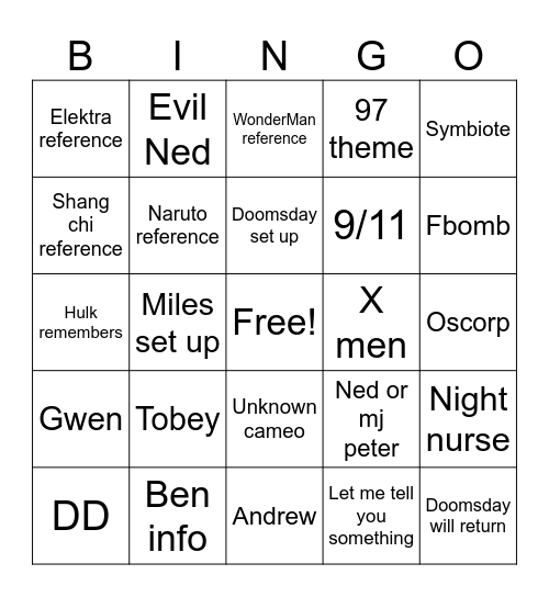 Spider-Man BND Bingo Card