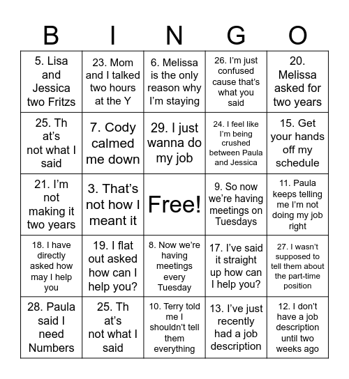 Moms work Bingo Card