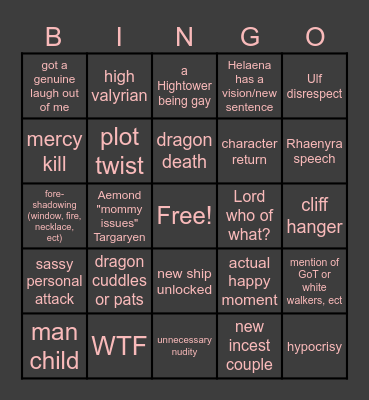 House of the Dragon episode bingo Card