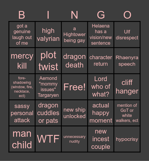 House of the Dragon episode bingo Card