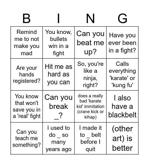 They find out you're a martial artist Bingo Card