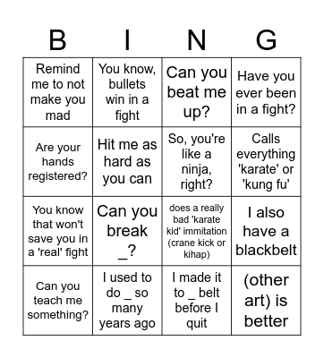 They find out you're a martial artist Bingo Card