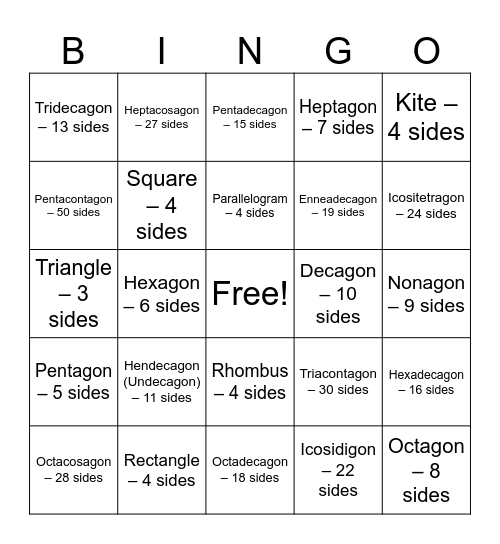 Shapes Bingo Card