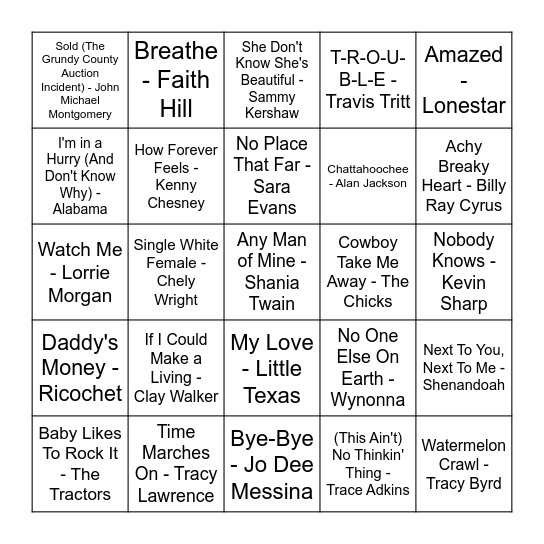 90's Country 1 Bingo Card