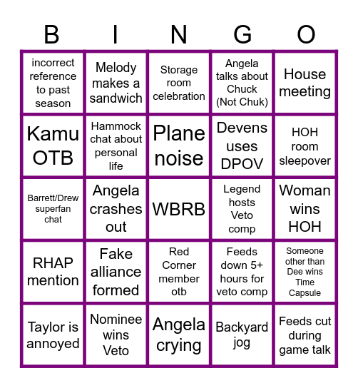 BB28 Feeds Week 4 Bingo Card
