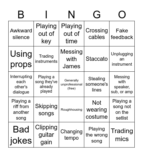 JBL Band Bullshit Bungo Bingo Card