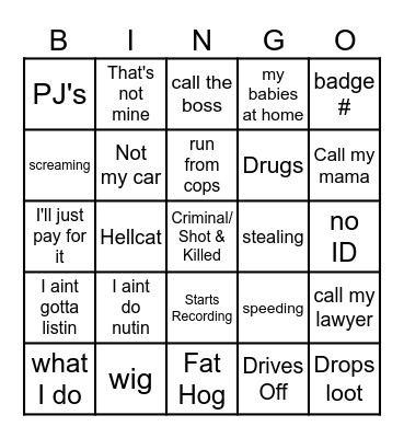 Body Cam Bingo Card