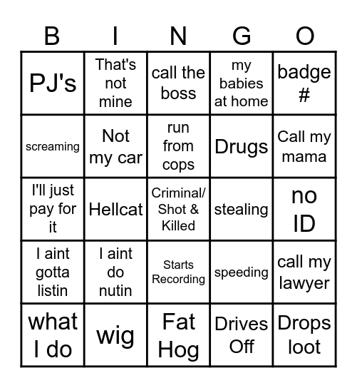 Body Cam Bingo Card