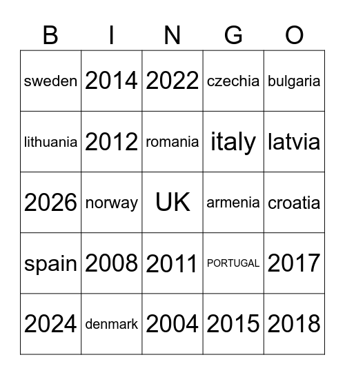 eurovision Bingo Card
