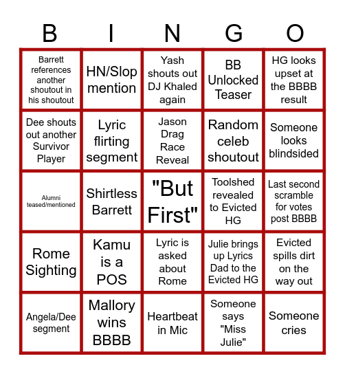 WEEK 3 BB28 EVICTION Bingo Card