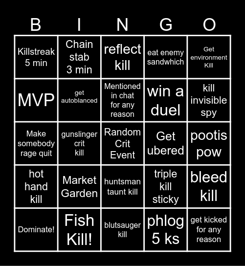 TF2 Casual Challenges Bingo Card
