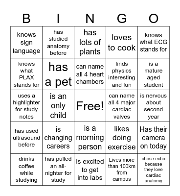 Echocardiography Bingo Card