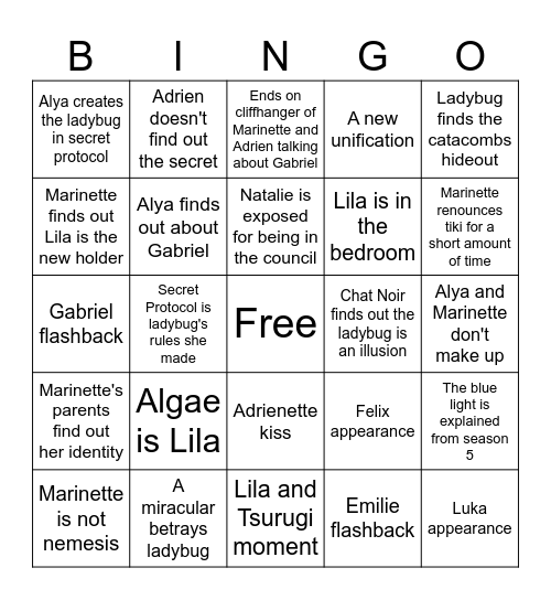 Miraculous Season 6 Finale Bingo Card