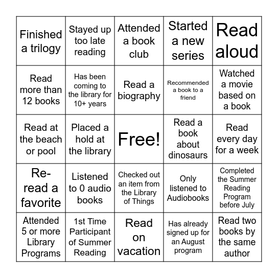 2026 Adult Summer Reading Program BINGO Card