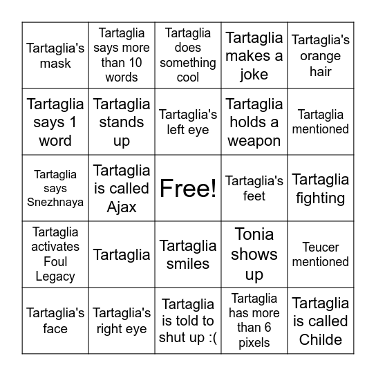 7.0 Genshin Livestream Bingo Card