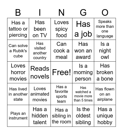 Get to Know You BINGO Card