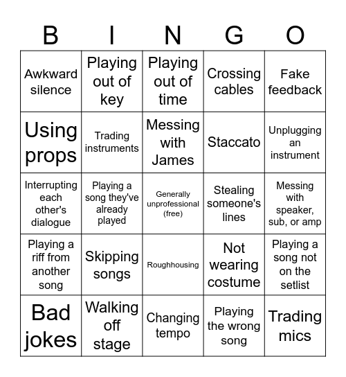 JBL Band Bullshit Bungo Bingo Card