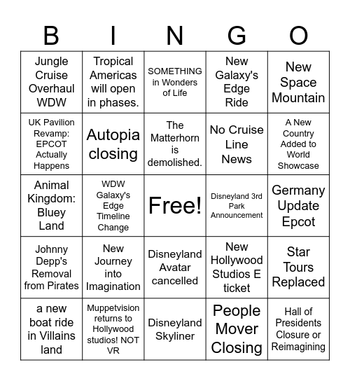 D23 Parks Panel! 2026 Bingo Card