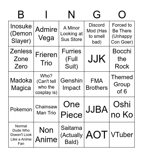 Otakon 2026 Bingo Card