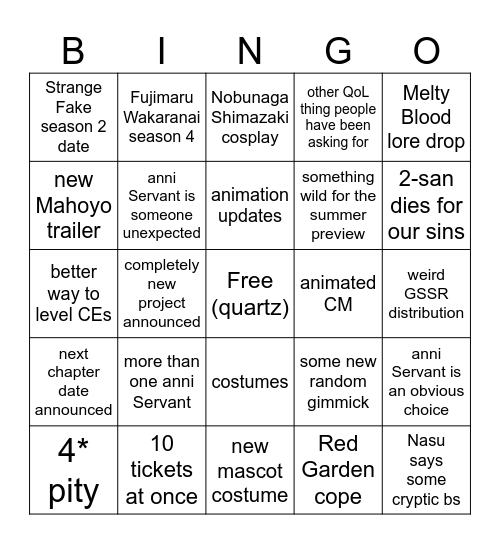 FGO 11th Anniversary Bingo Card