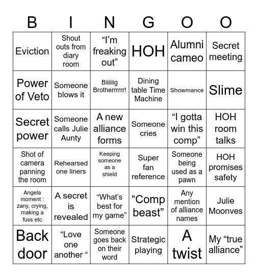 Big Brother Bingo Card