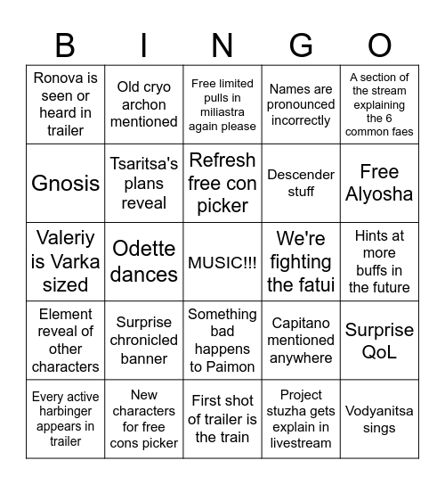 7.0 Livestream Bingo Card