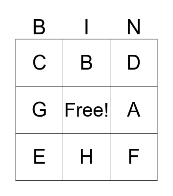 LETTERS A - I  Bingo Card